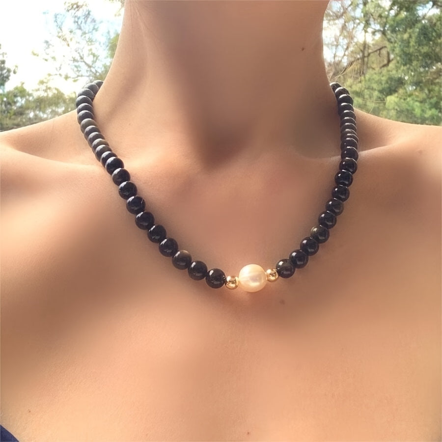Natural Obsidian Baroque Pearl Necklace with 7-9mm Freshwater Pearls for Women