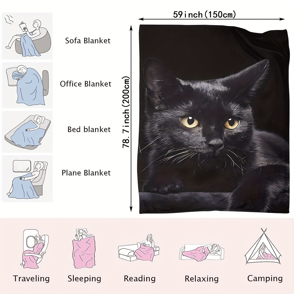 Qora mushuk naqshli yostiqchali yumshoq va qulay choyshab, divan, yotoq, sayohat va uy bezak uchun