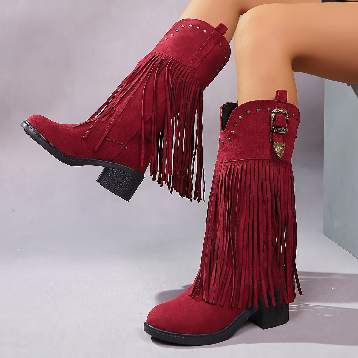 Women's Tassel Design Slip-On Chunky Heel Boots All-Season Comfortable