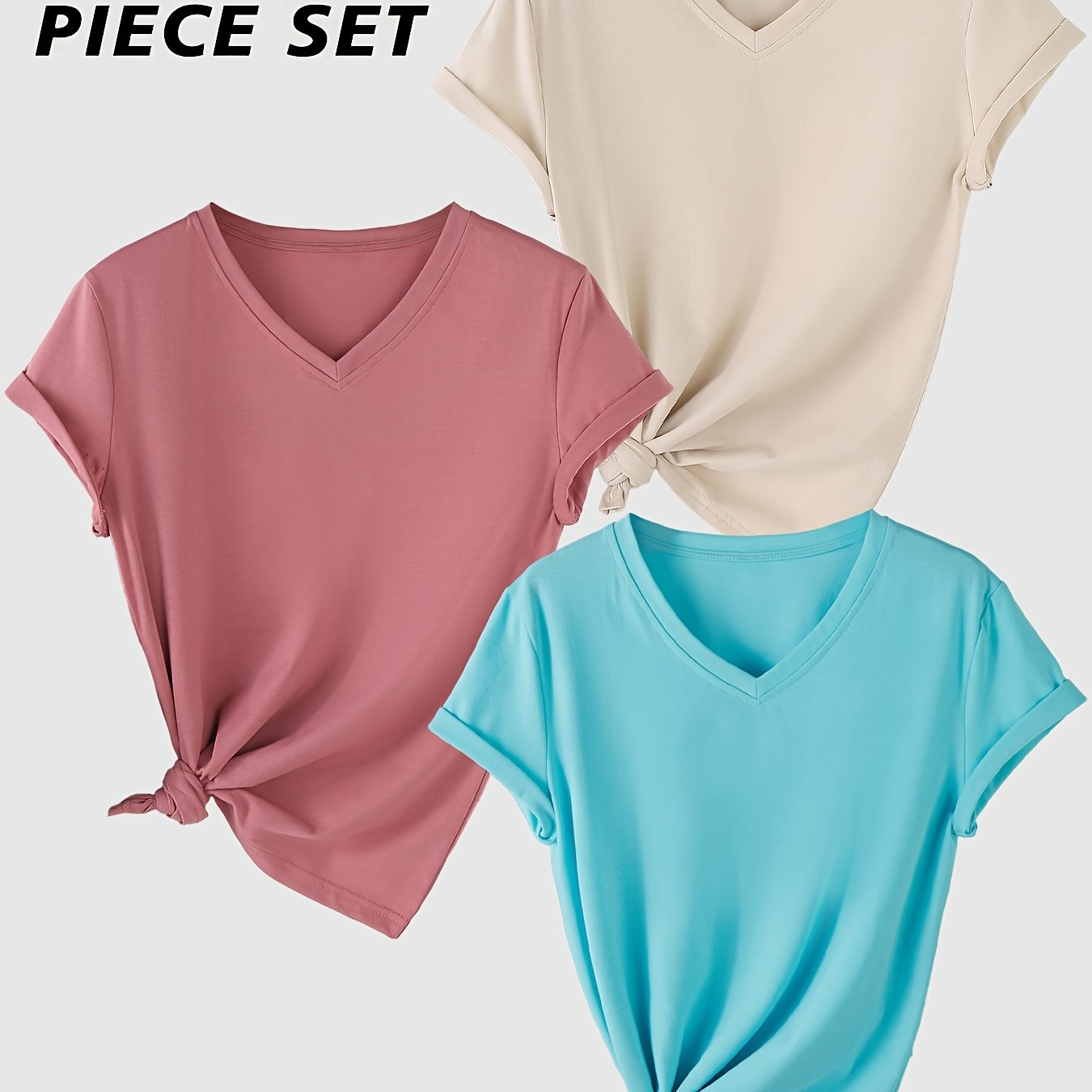 Short Sleeve V-Neck T-Shirt Set for Women Solid Color Rayon Casual Regular Fit