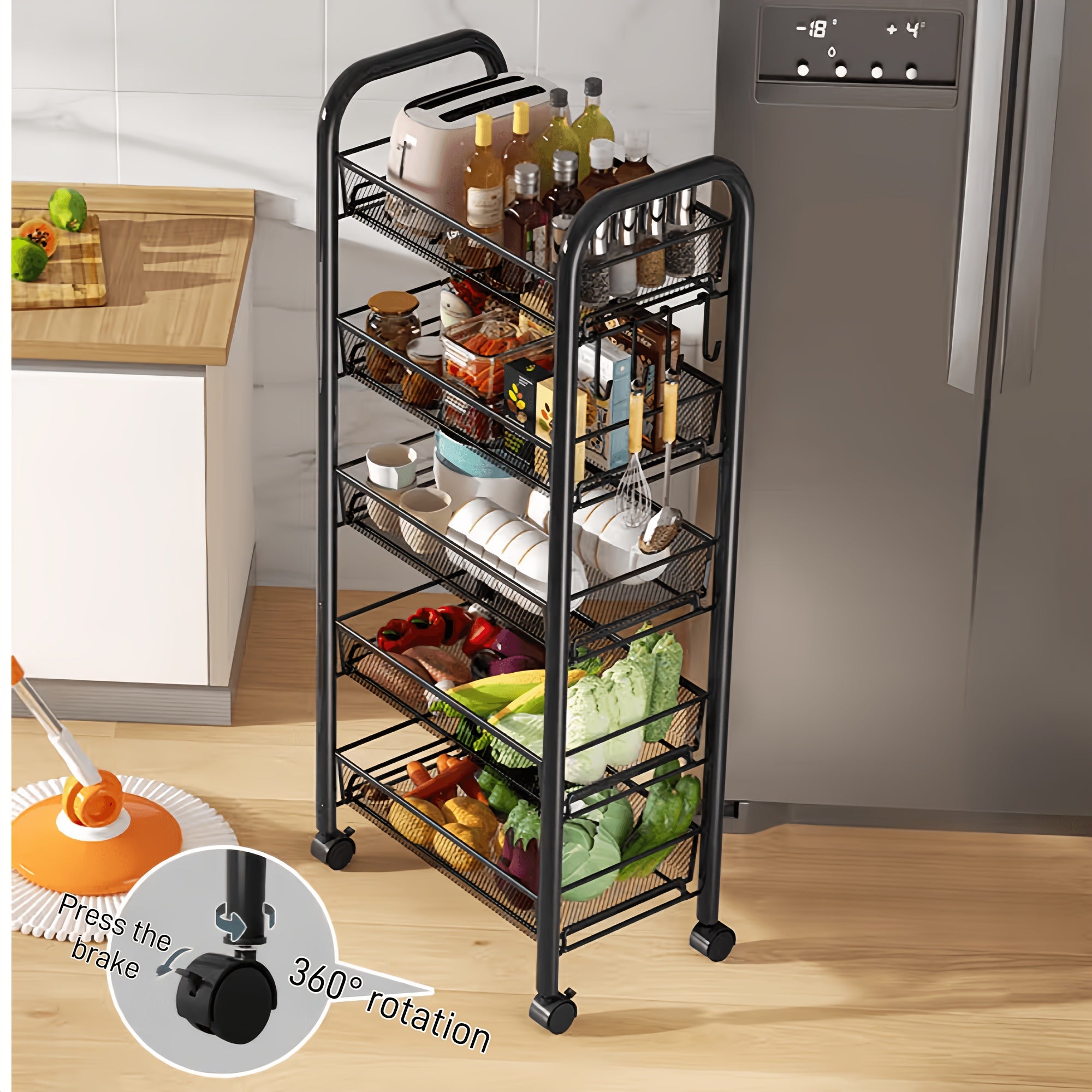 Black Mesh Rolling Wire Cart with Lockable Wheels and Metal Baskets for Kitchen Office Storage