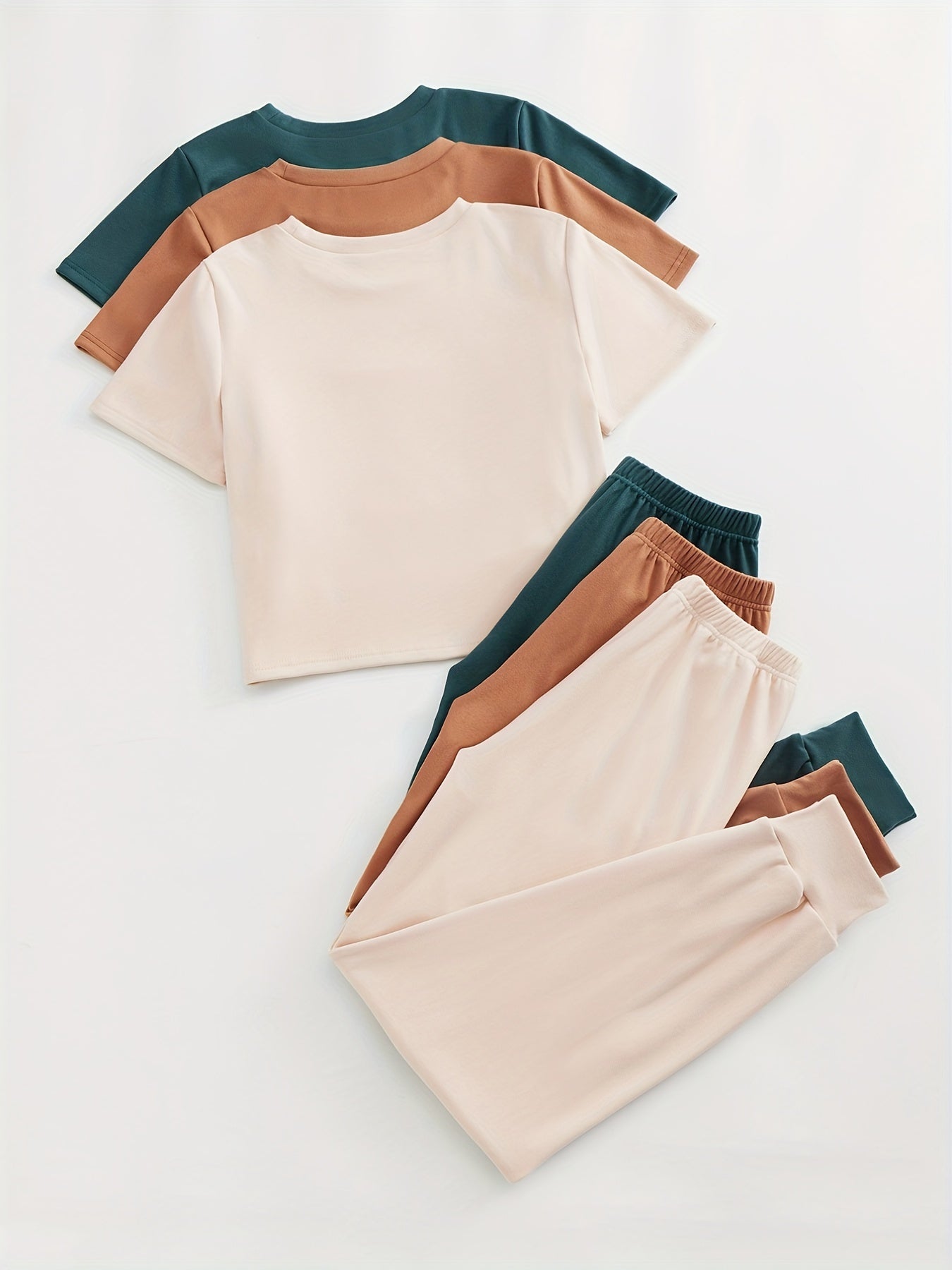 Conjunto de descanso de 3 piezas para mujer, camiseta de cuello redondo y pantalones con cordón, color sólido, microelástico de poliéster