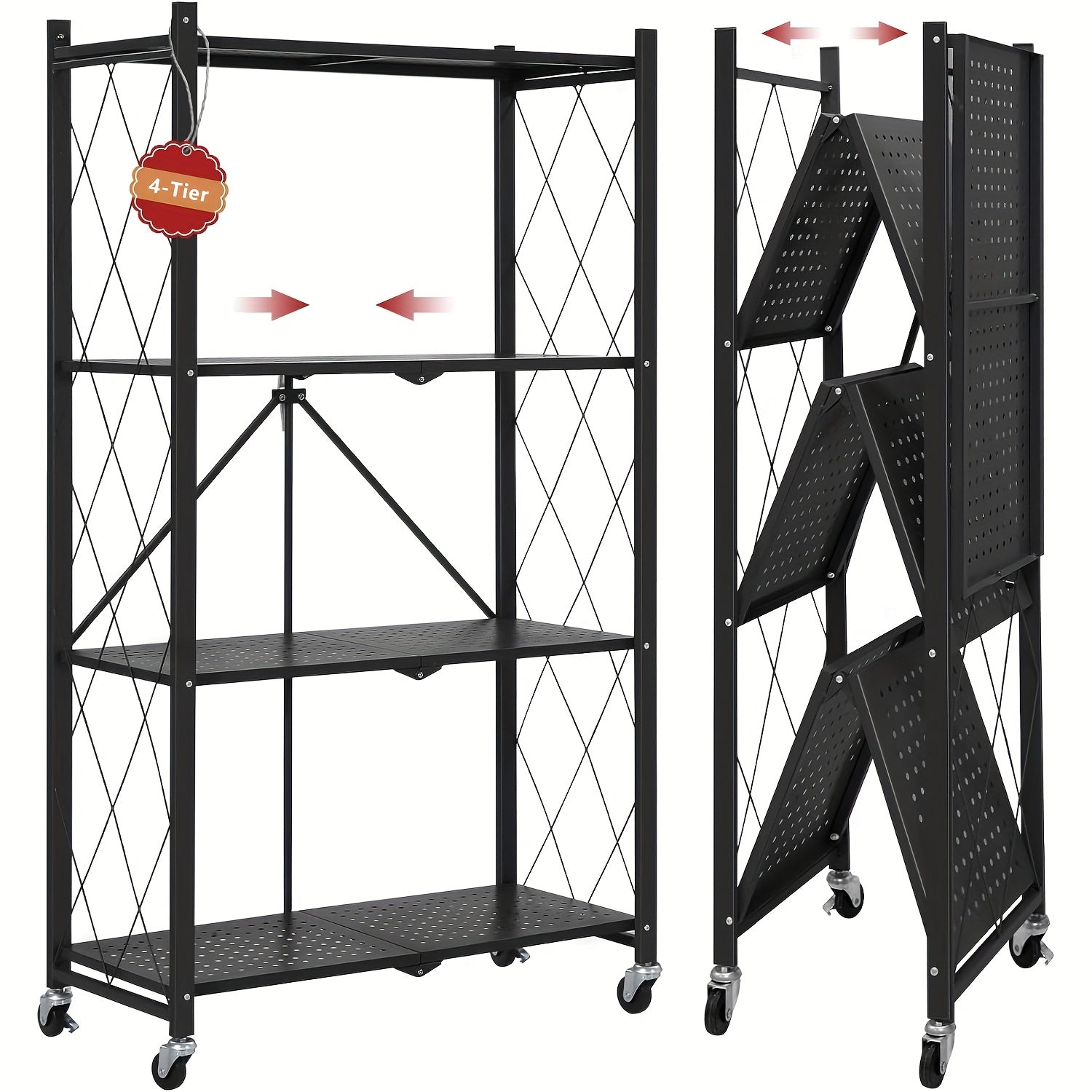 Estantería de almacenamiento plegable de 11 piezas, con 4 niveles y ruedas, unidad de estantería de gran capacidad, estantería de metal con rejilla, negra