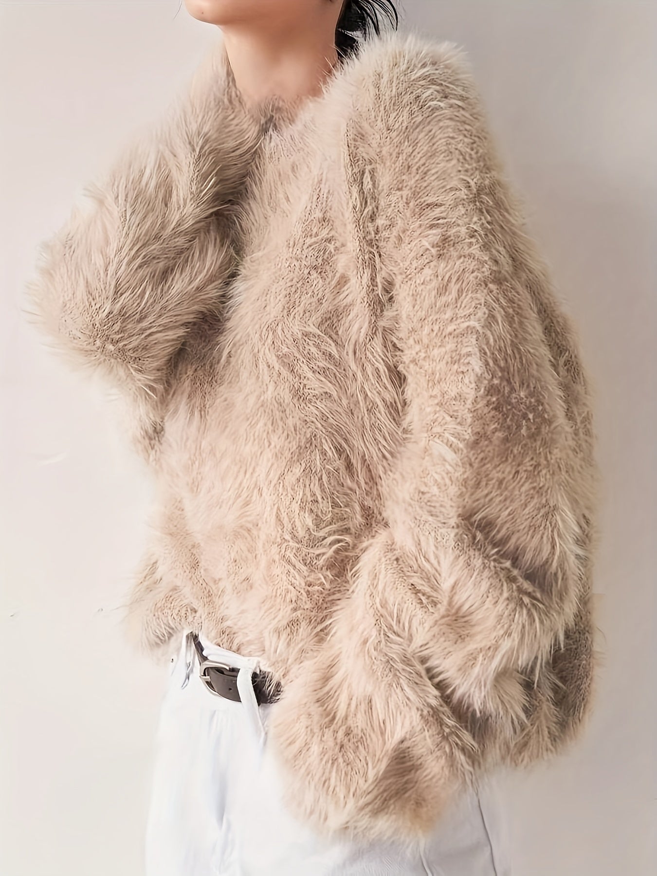 Women's Plus Size Faux Mink Long Fur Pullover Sweater Casual Solid Color Polyester Knit