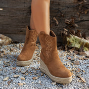 Женские вышитые льняные сапоги на каблуке для верховой езды с геометрическим узором, всесезонные