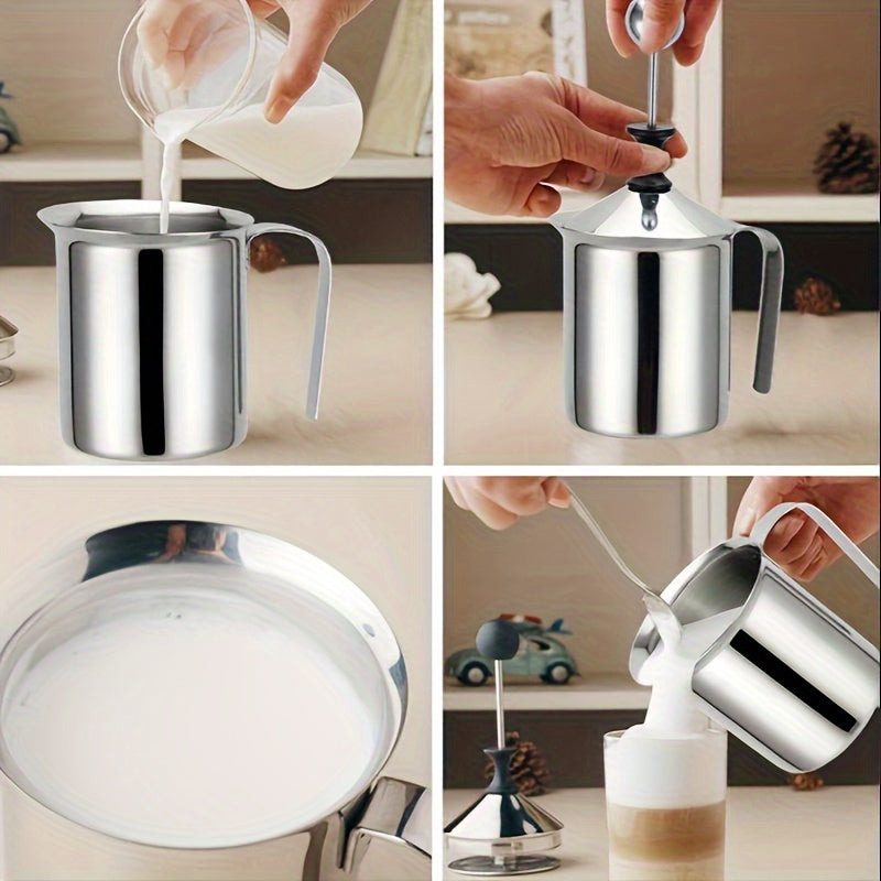 Stainless Steel Milk Frother Handle Lid Double Layer Filter Foam Pitcher