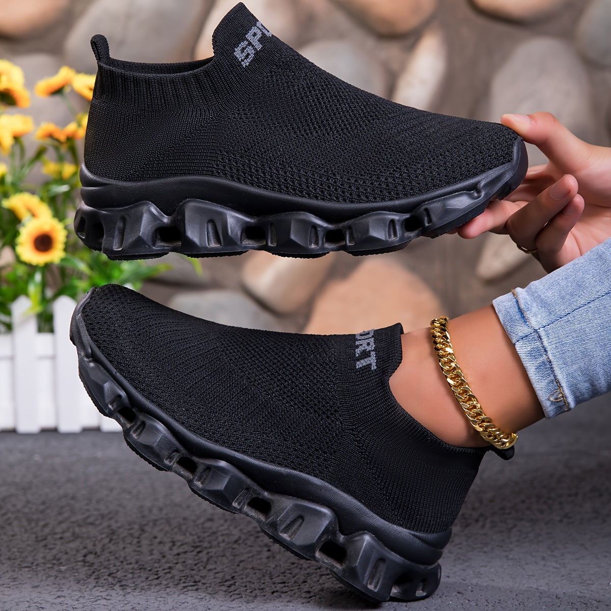Women's Breathable Knitted Fabric Slip-On Sneakers Casual Athletic Shoes