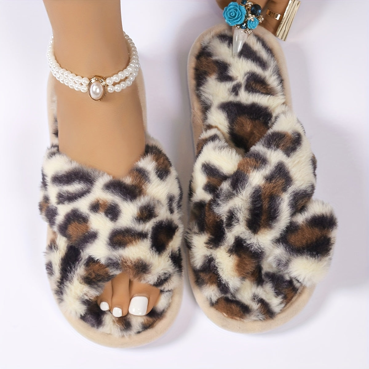 Women Plush Home Slippers All-Season Cross-Strap Black White