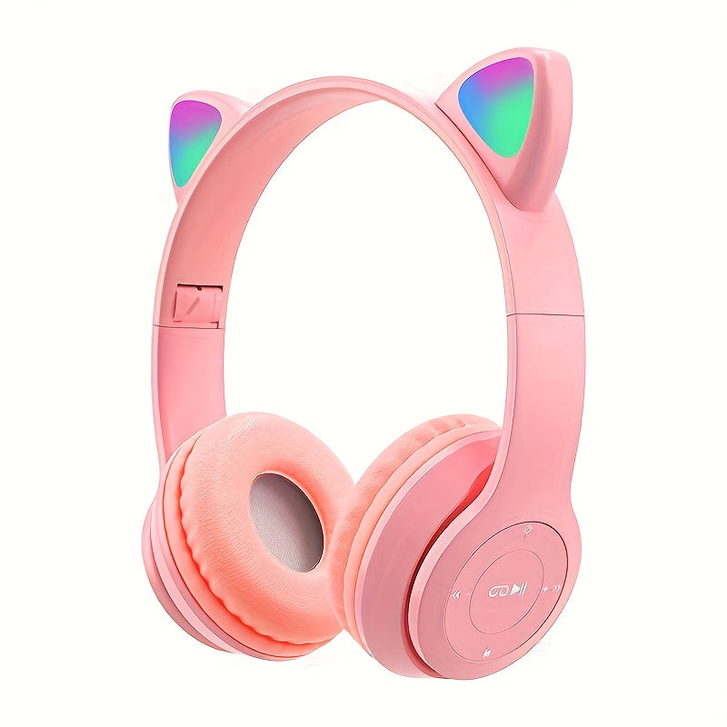 Anime Cat Ear Wireless Headphones with LED Lights Microphone and Volume Control for Cycling