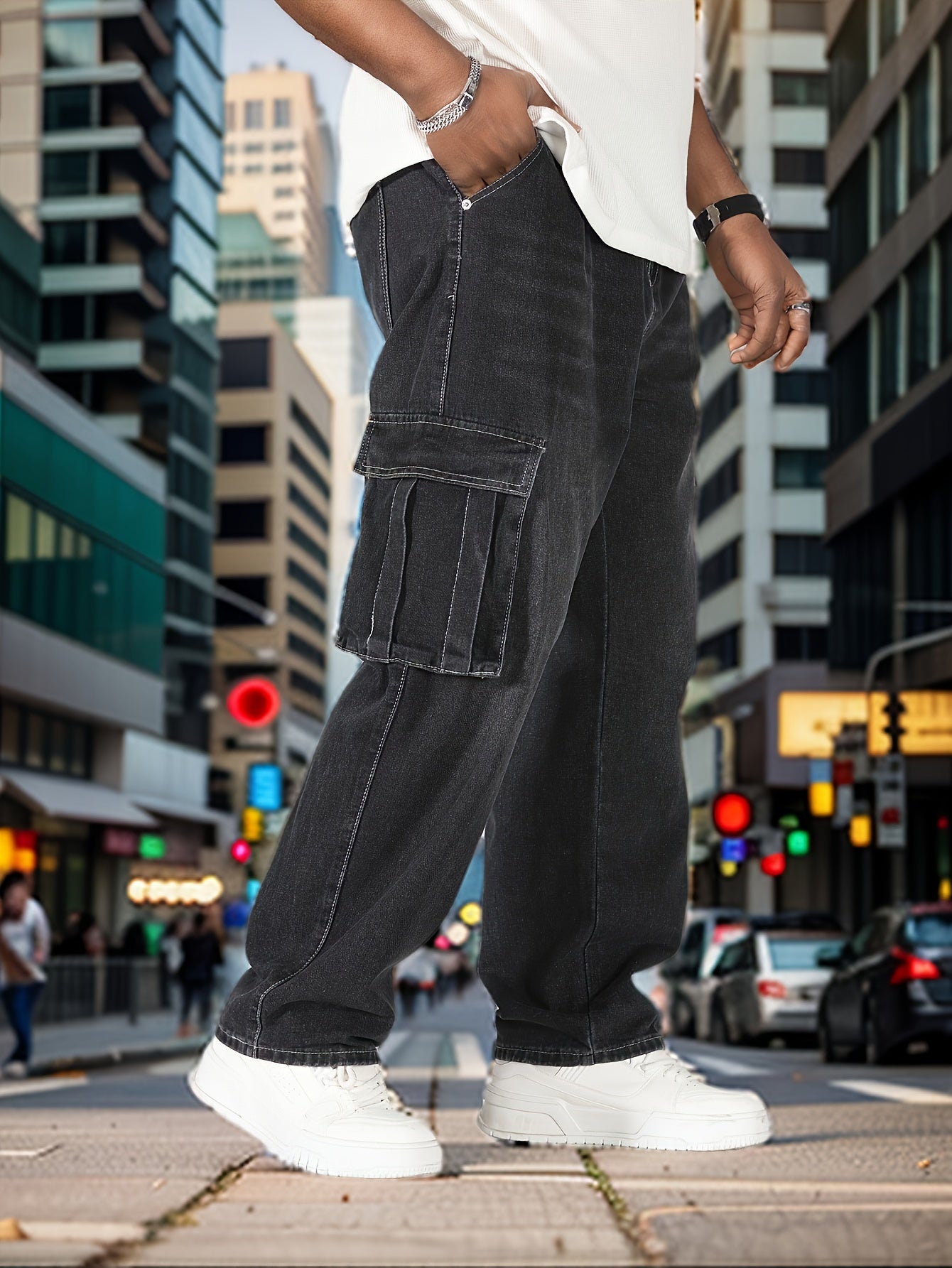 Plus Size Cargo Jeans for Men Loose Fit Straight Leg Non-Stretch Denim Casual Pants