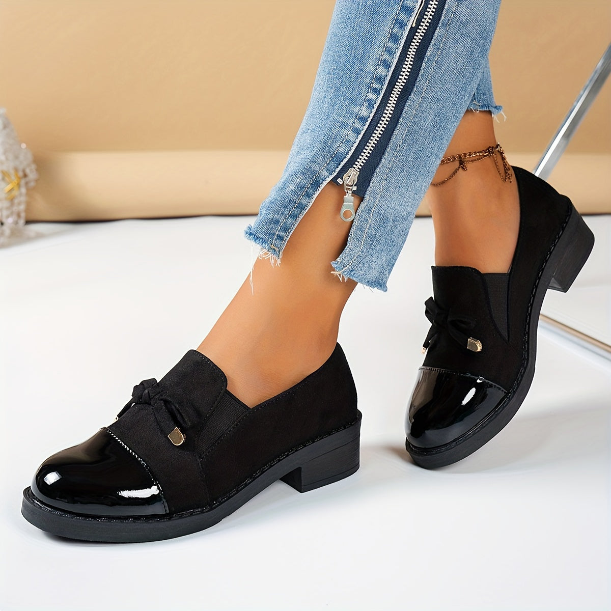 Women's Casual Leather Ballet Flats with Bow and Heel