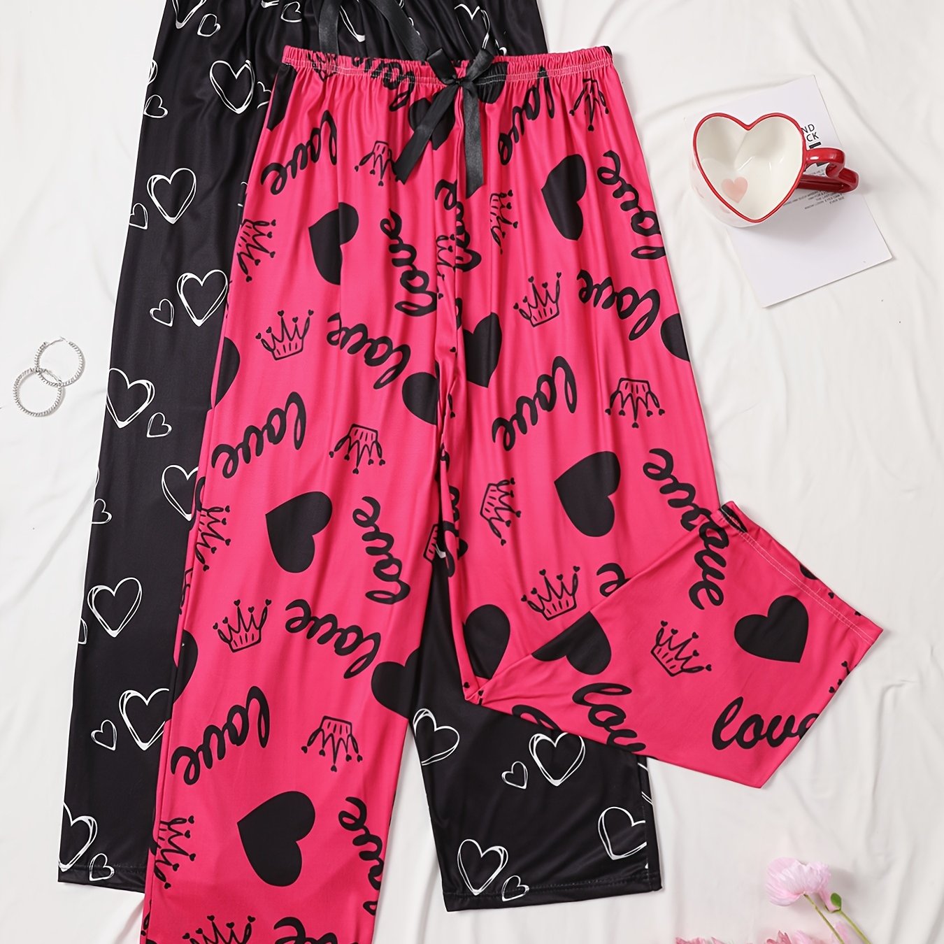 Plus Size Sleep Pants Women All-Season Heart Pattern Knit Fabric with Bow Detail