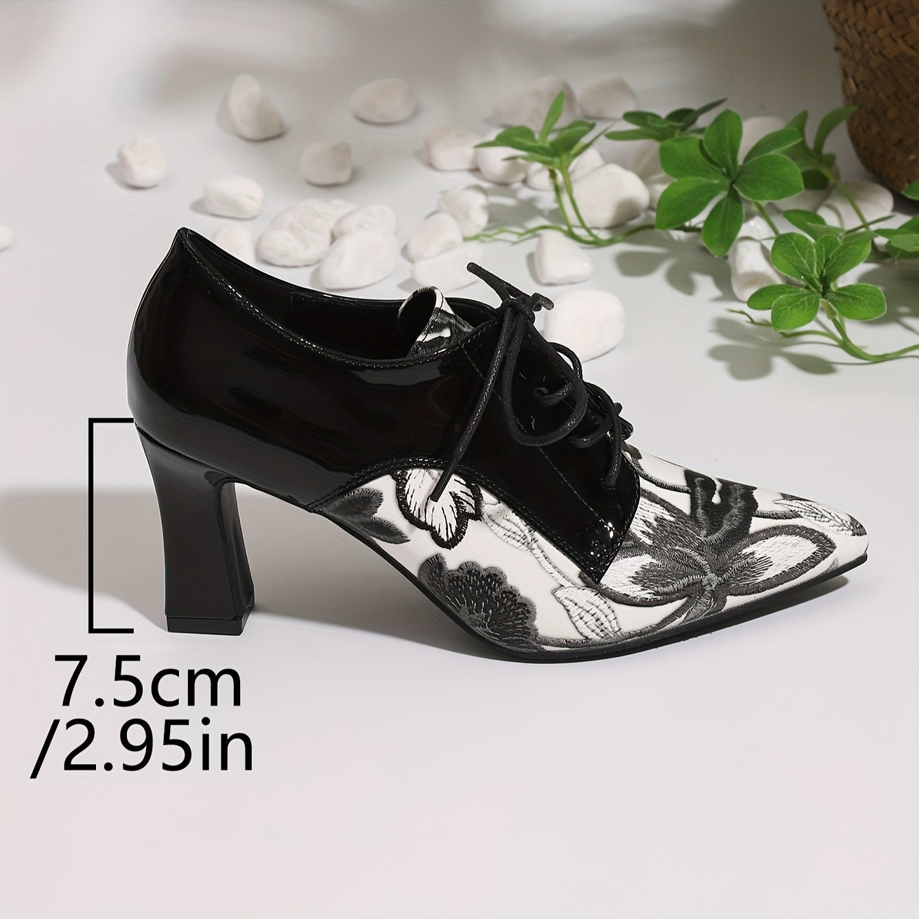 Women's High Heel Pointed Toe Lace-Up Mary Jane Shoes with Floral Pattern