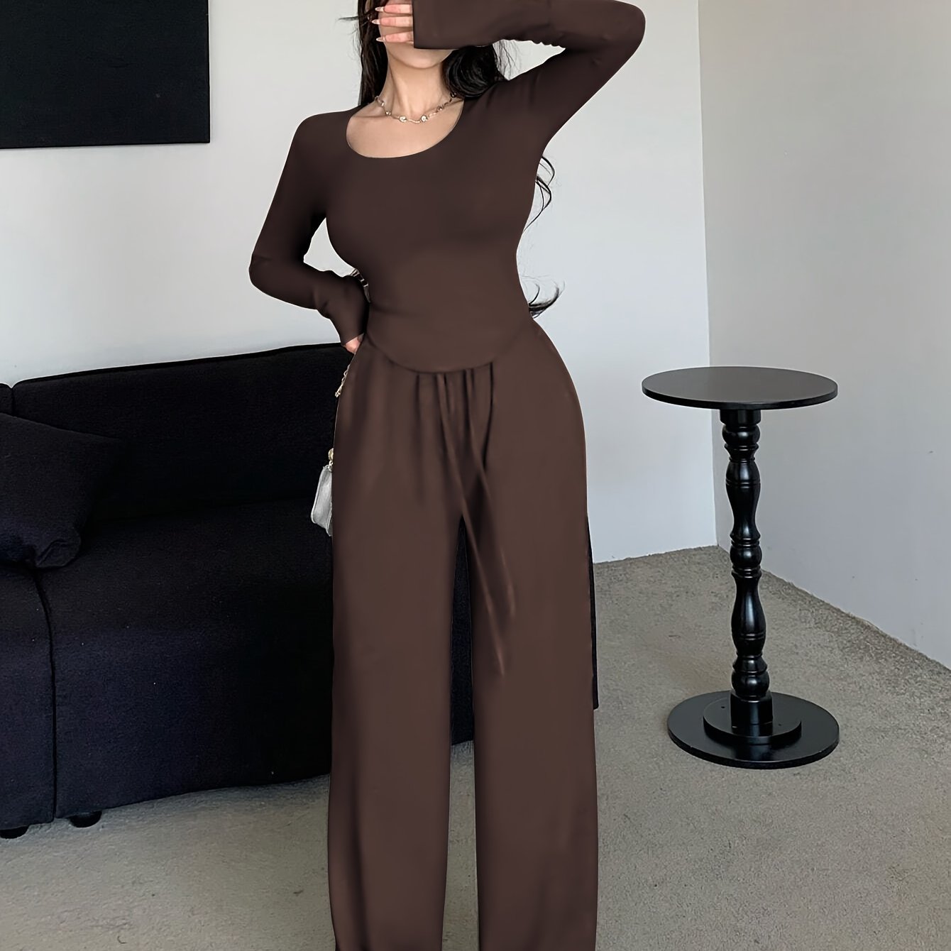 Women's Fall Winter Polyester Crew Neck Top and Loose Fit Pants Loungewear Set
