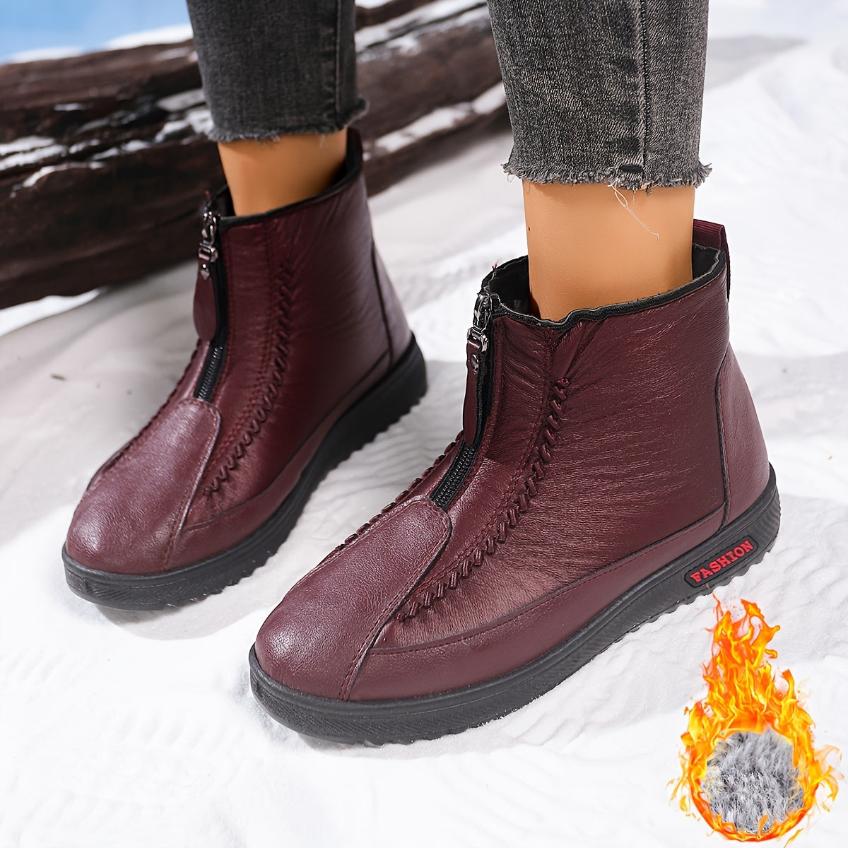 Women's Winter Insulated Snow Boots with Zipper Non-Slip Sole Brown