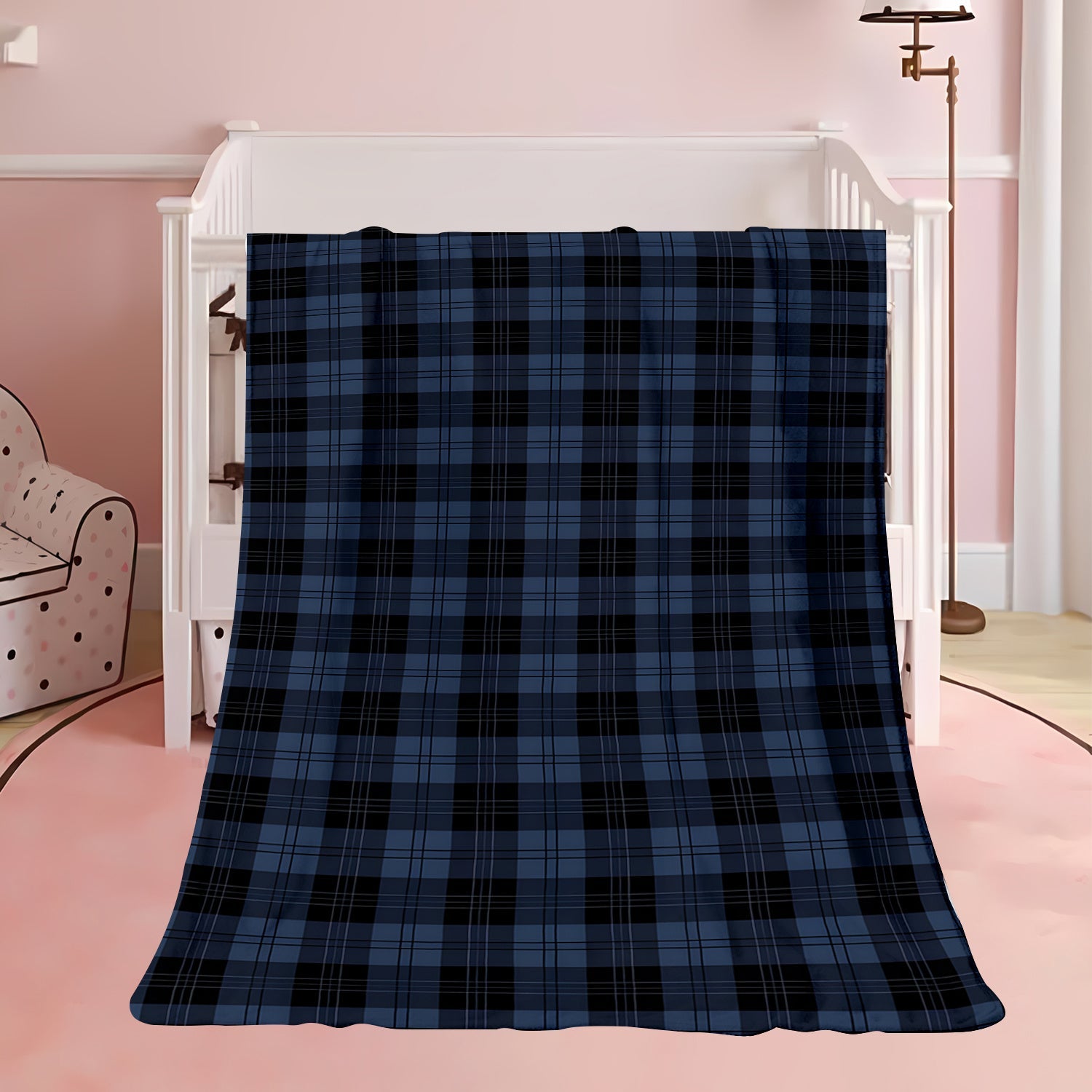 Navy Blue Geometric Plaid Flannel Fleece Blanket for Sofa Bed Travel