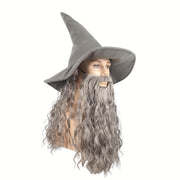 Gray Wizard Hat with Curly Wig and Beard for Halloween Cosplay