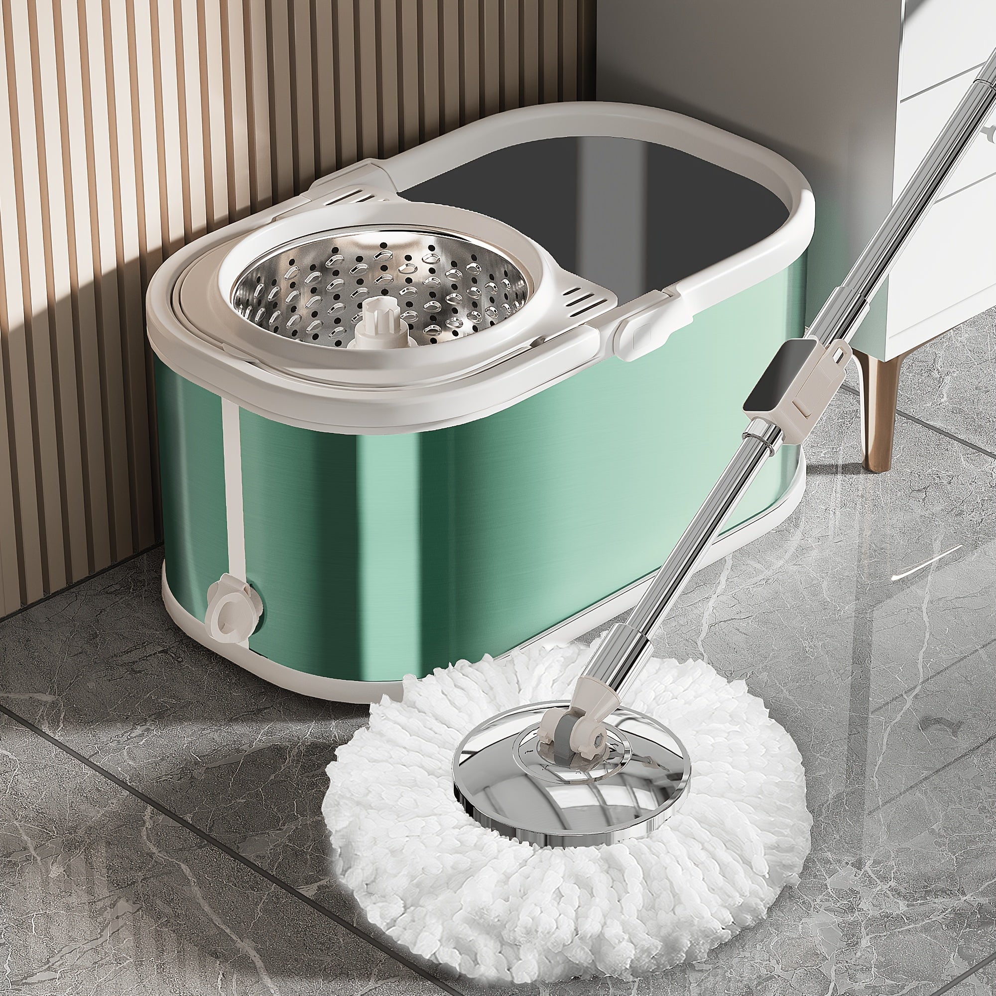 Green Spin Mop and Bucket Set with Stainless Steel Handle for Easy Floor Cleaning