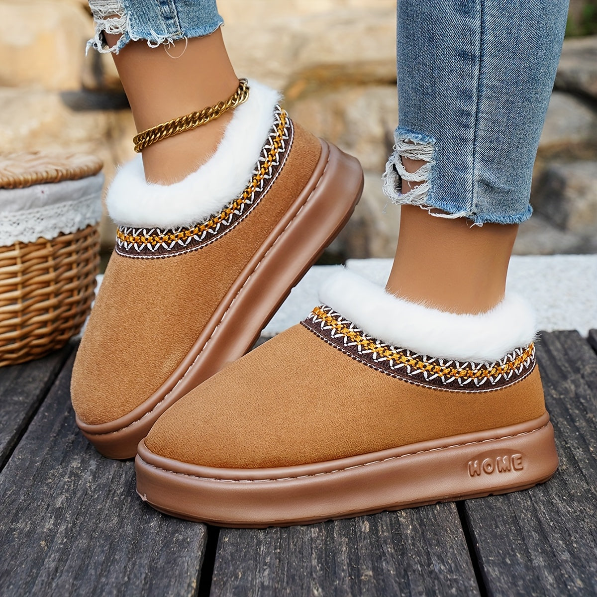 Women Cozy Fleece Lined Slippers Warm Brown Indoor Slip-Ons