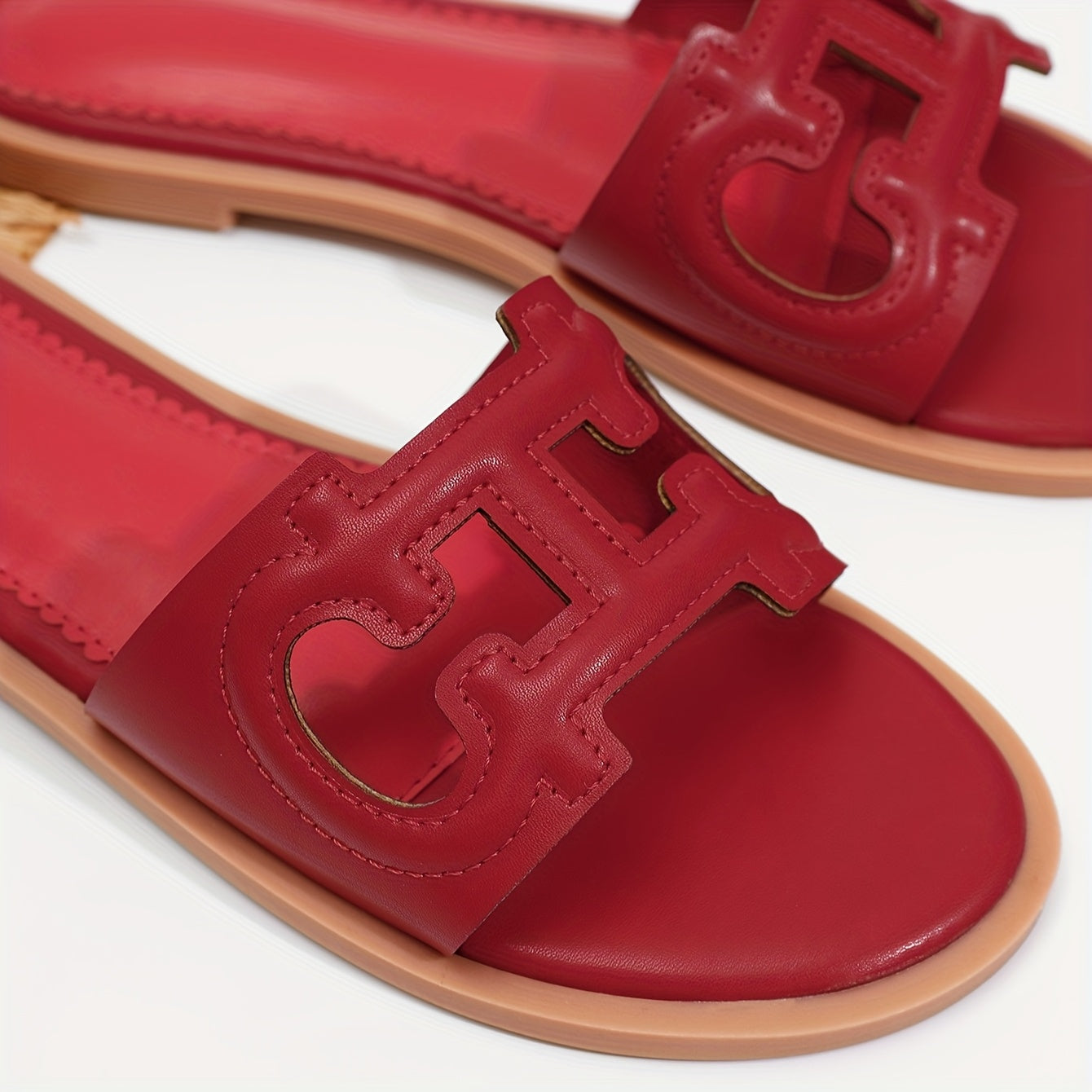 Women's Black Flat Sandals with Red Accents Slip-On Summer Casual