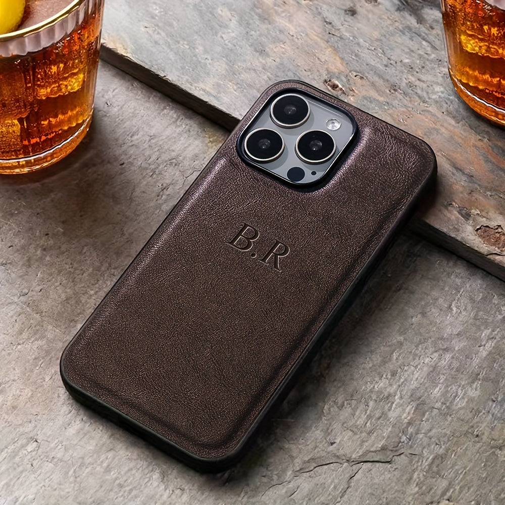 Personalized iPhone Case with 3D Engraved Initials Faux Leather Cover for Models 11-16 Pro Max Plus