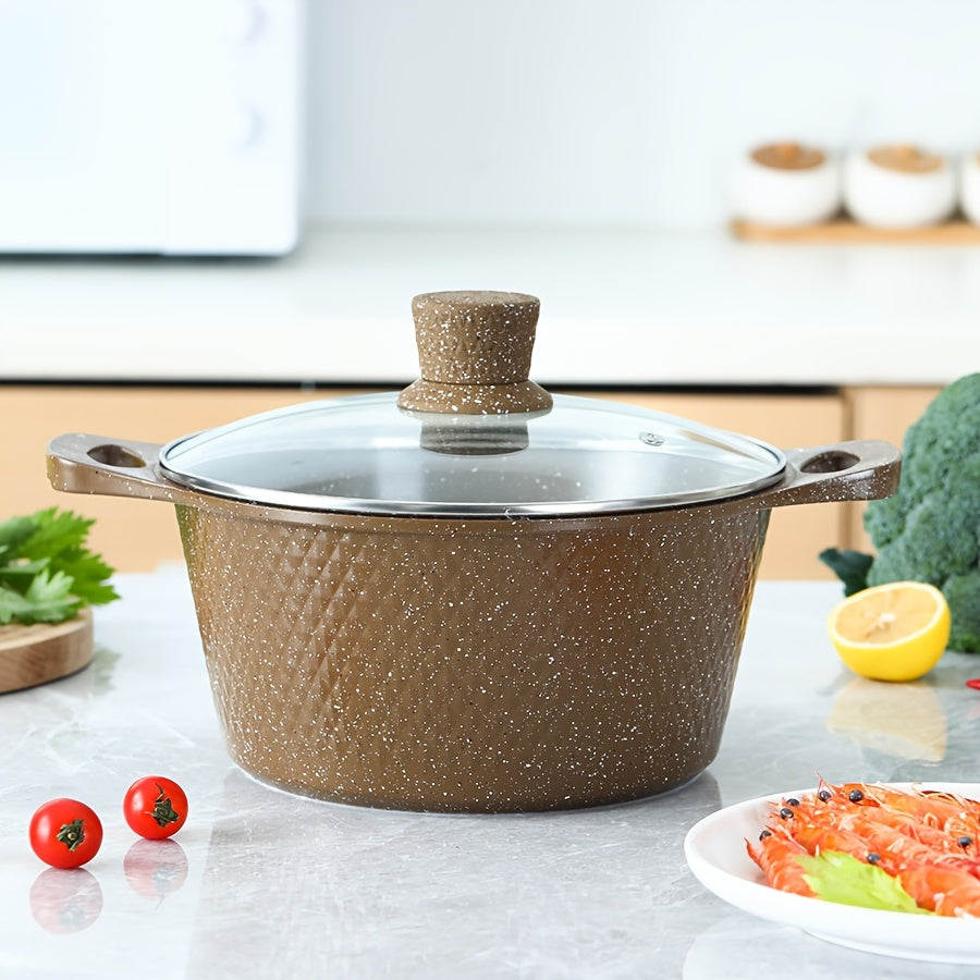 Ko'p funksiyali oshxona anjomlari to'plami, ichida sho'rva qozoni, yopishqoq bo'lmagan qovurish panasi, qaynatish qozoni va qovurish panasi mavjud, zamonaviy qahva rangida, ochiq olov yoki gaz pechlarida ishlatish uchun mos.