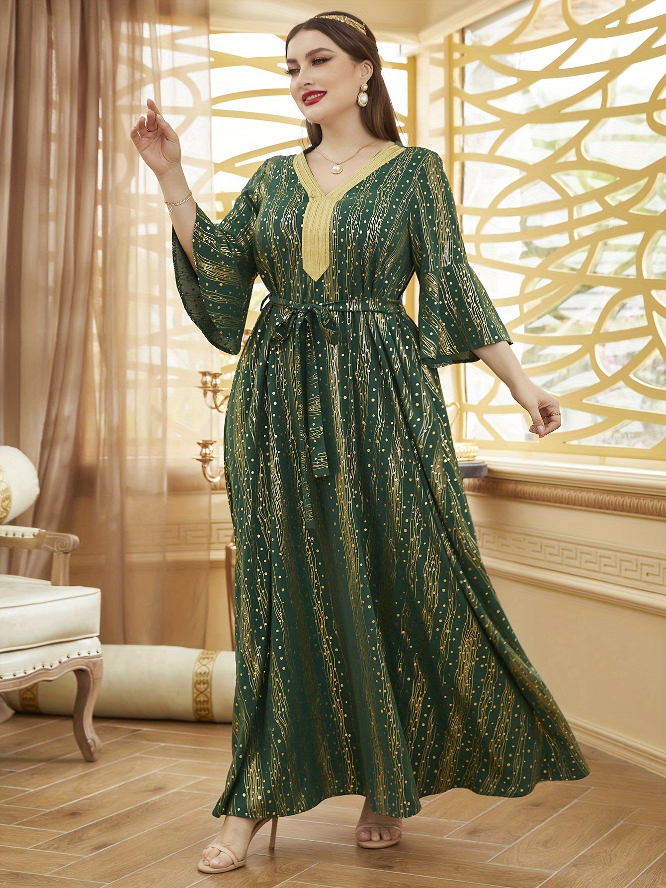 Plus Size Women's V-Neck Dress with Gold Floral Lace Sleeves and Adjustable Waist