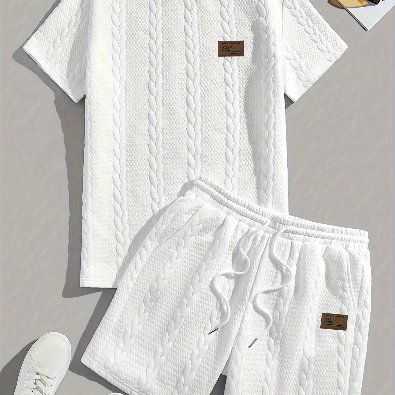 Men's Short Sleeve Solid Color Casual Set with Wheat Pattern and Drawstring Shorts