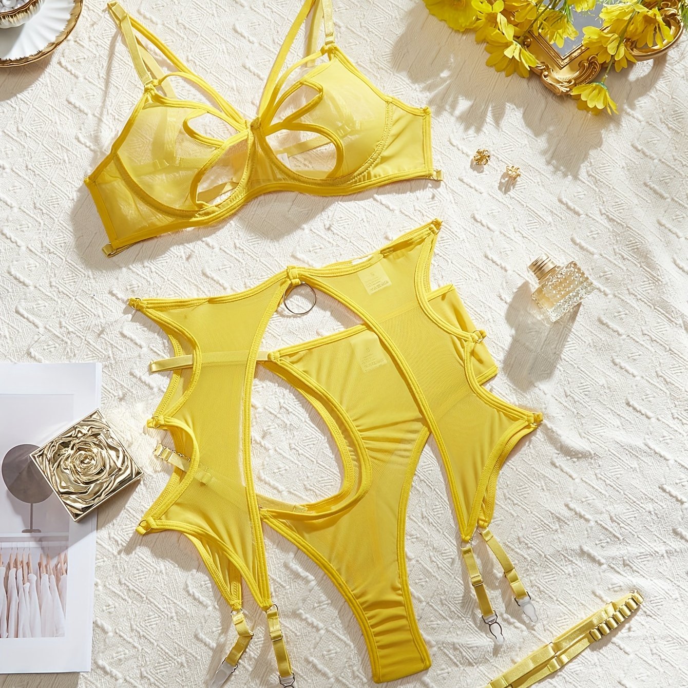 Women's Butterfly Lingerie Set with See-Through Spaghetti Straps and Leg Straps Bra and Panty