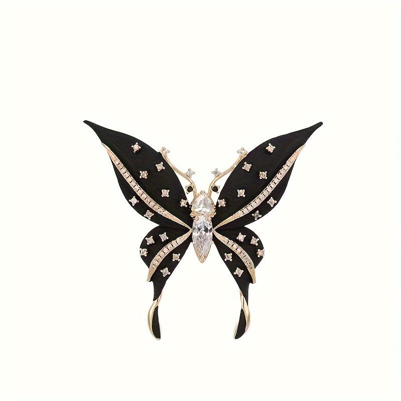 Broche mariposa negra de aleación con rhinestones, joyería elegante para suéteres y trajes