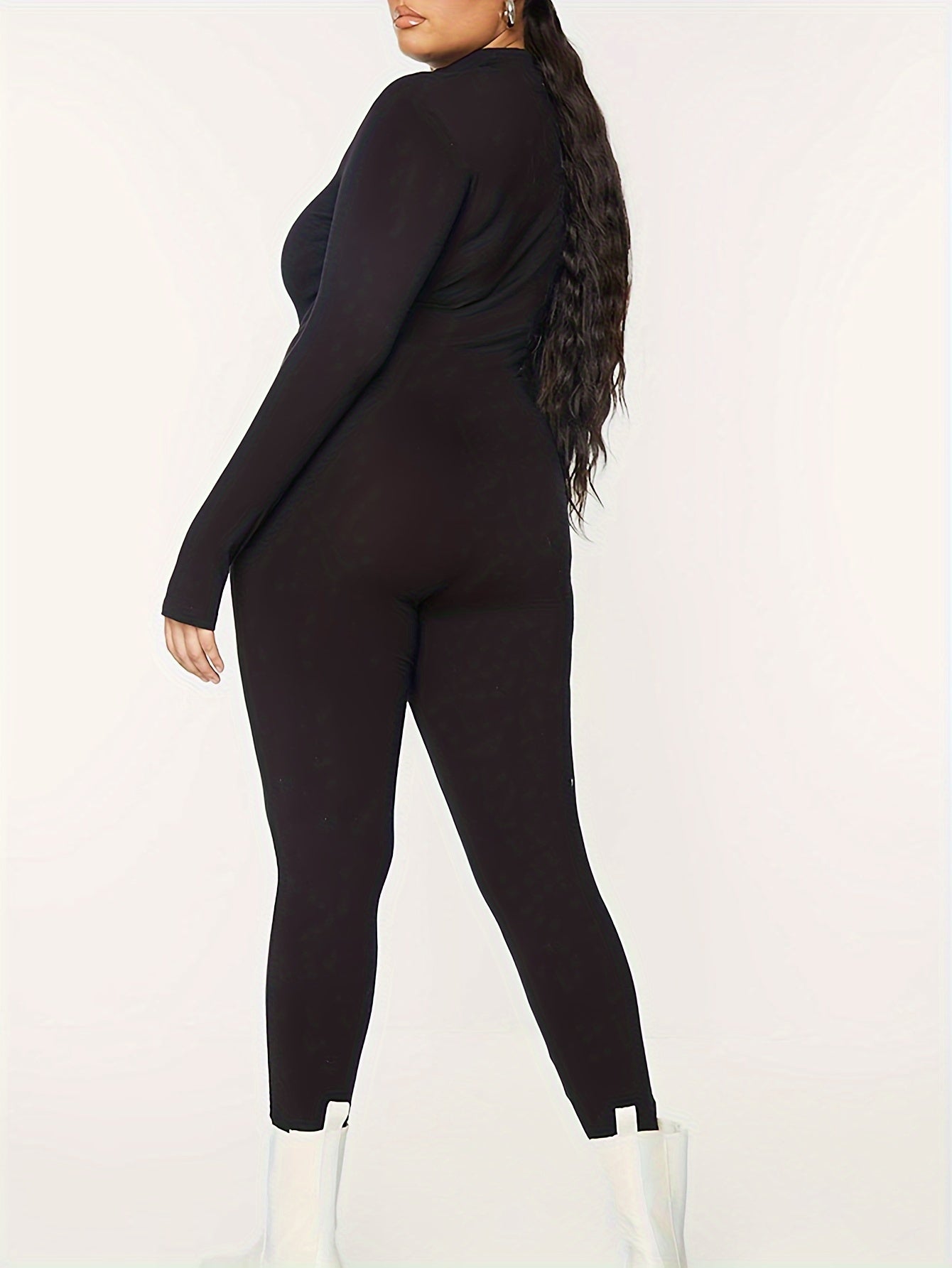 Plus Size Women's Solid Zip Up Long Sleeve Jumpsuit
