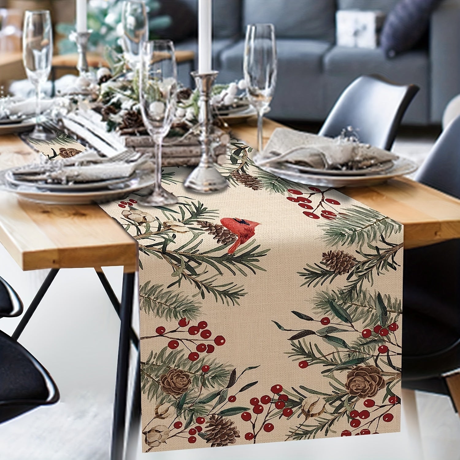 Winter Themed Table Runner with Pine Needle Branches Berries and Cardinal Red Birds