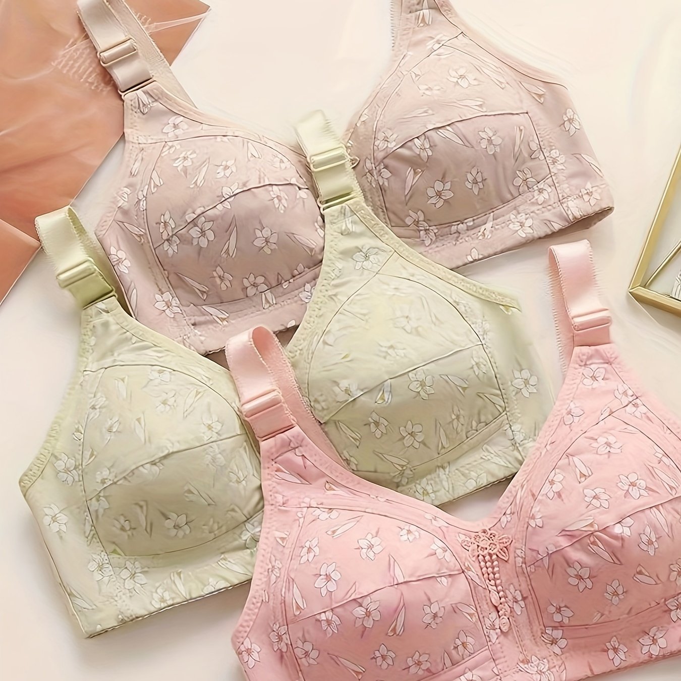 Set of 3 Floral Applique Wireless Push-Up Bras with Breathable Fabric for Adults