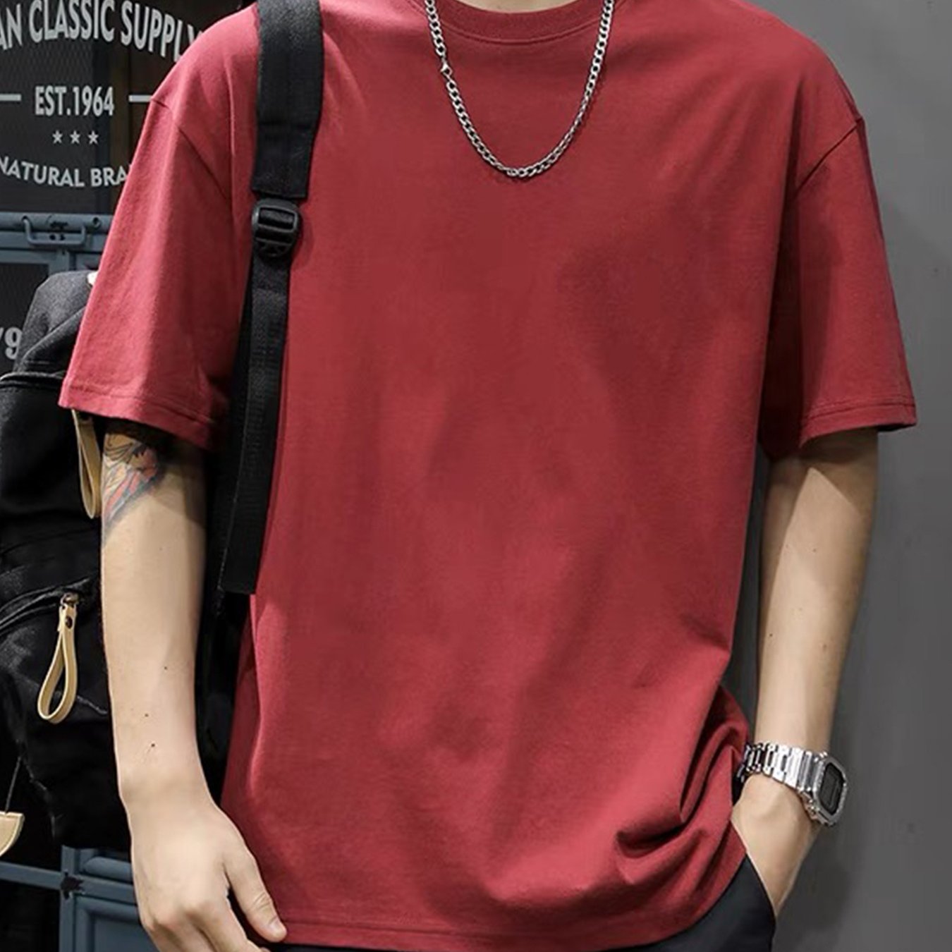 Camiseta de algodón sólida para hombre de manga corta con cuello redondo, ropa casual de verano