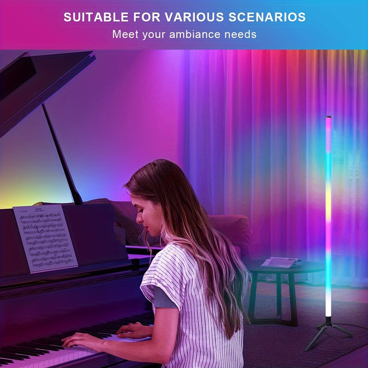 RGB Color Changing LED Floor Lamp with Music Sync Remote Control Adjustable Height 105cm USB Power for Dance Rooms Game Rooms and Parties