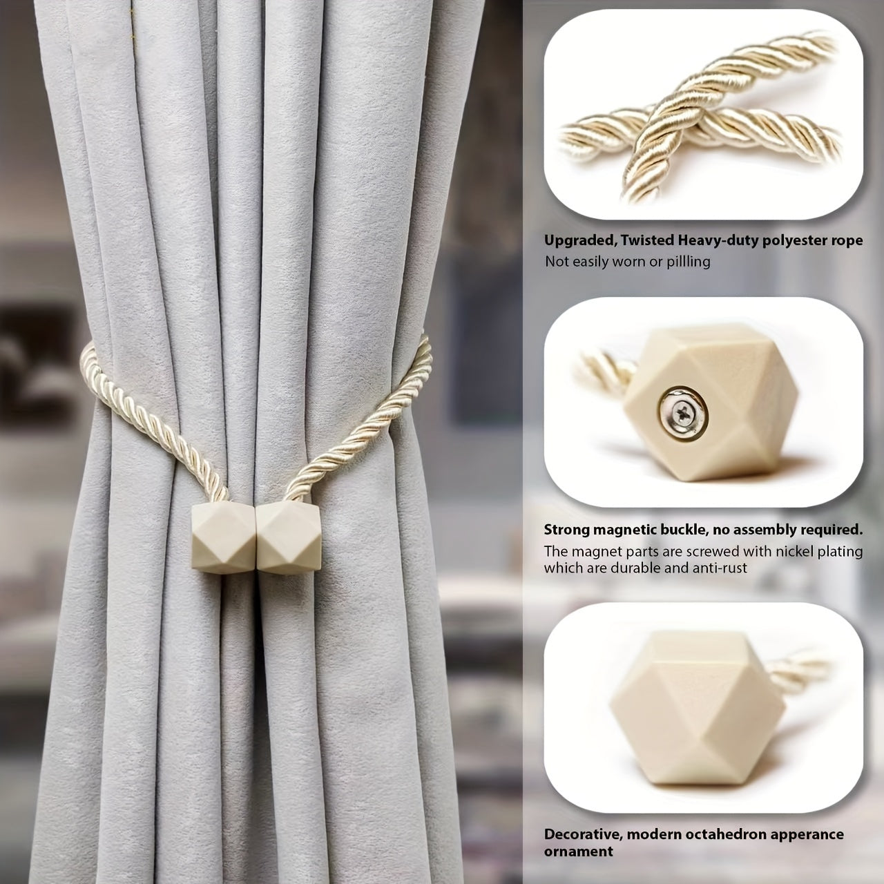 Rope-Style Magnetic Curtain Tiebacks for Living Room and Home Decor