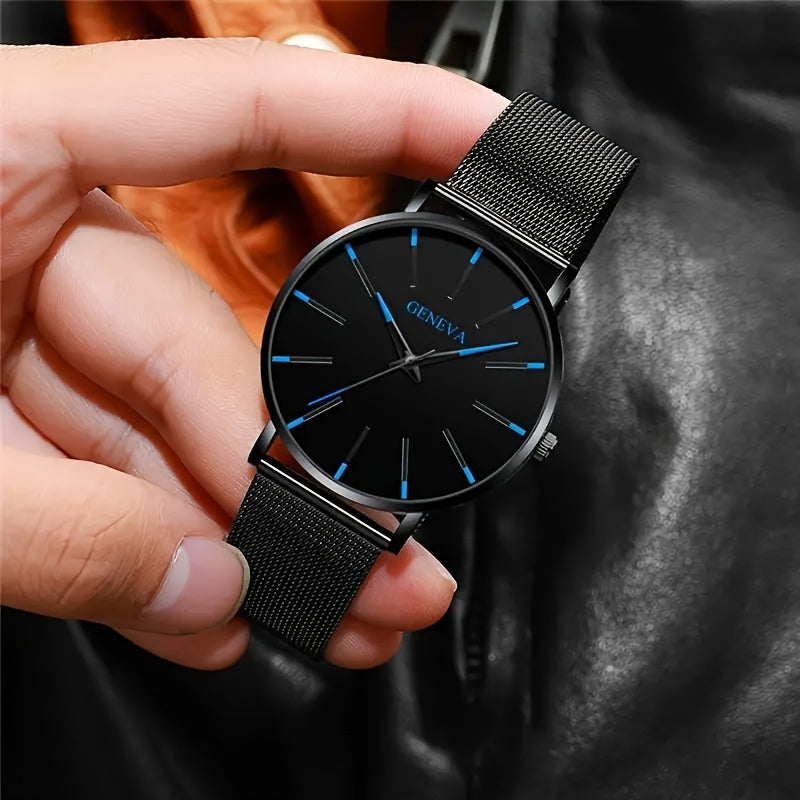Men's Sports Casual Round Dial Mesh Strap Quartz Watch and Bracelet Set