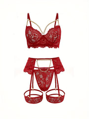 Sexy Lingerie Set with Flower Lace, Gold Chain Accents, See-Through Bra and Garter Belt