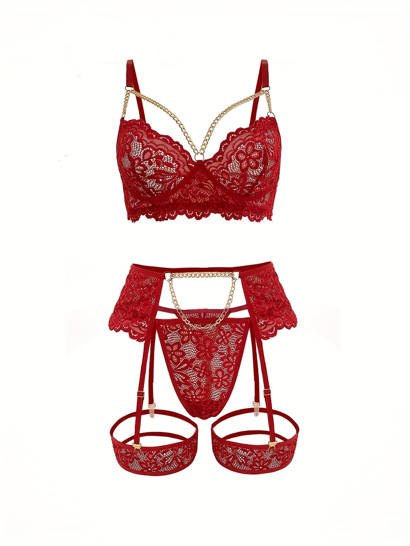 Sexy Lingerie Set with Flower Lace, Gold Chain Accents, See-Through Bra and Garter Belt