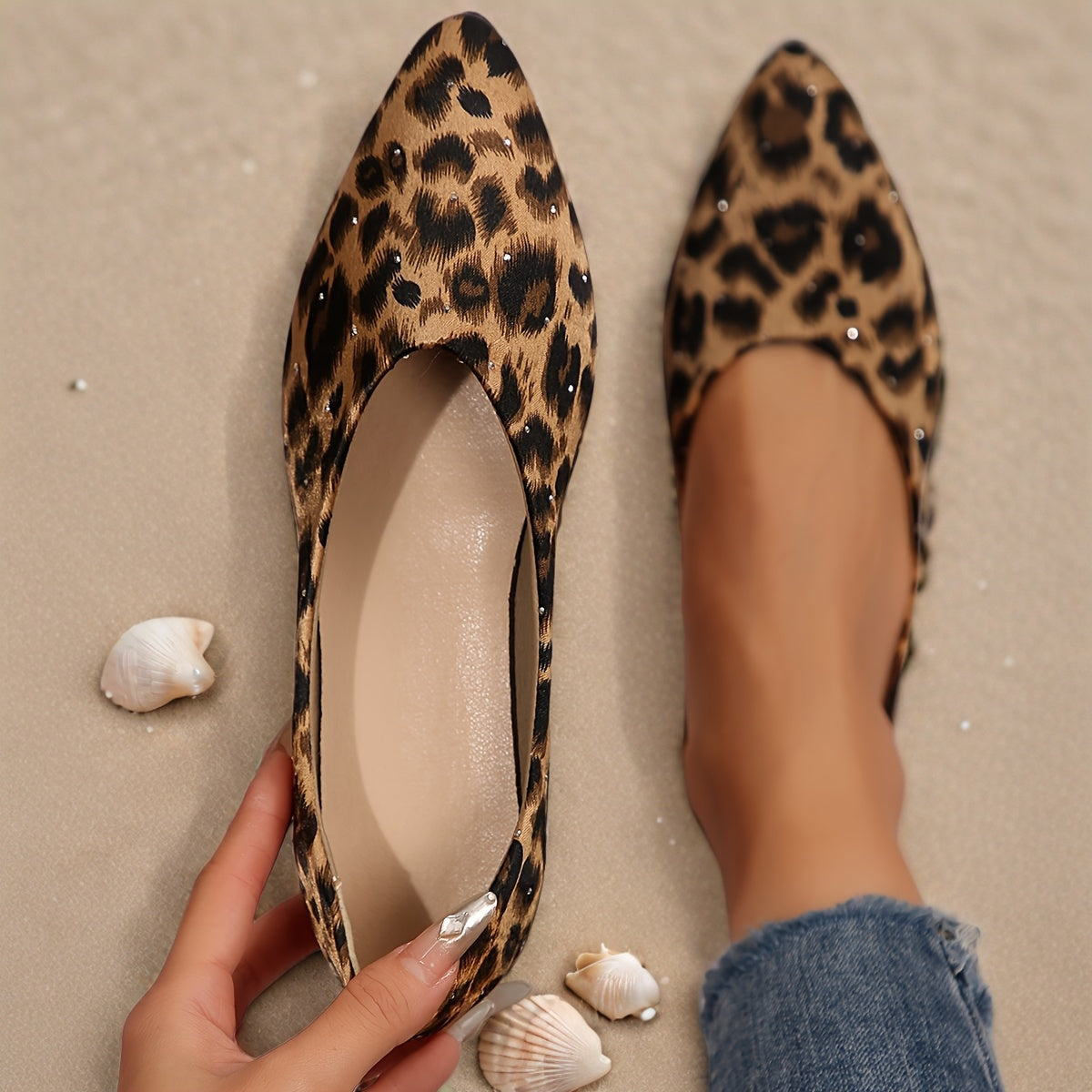 Women Leopard Print Ballet Flats Pointed Toe Slip-On Shoes