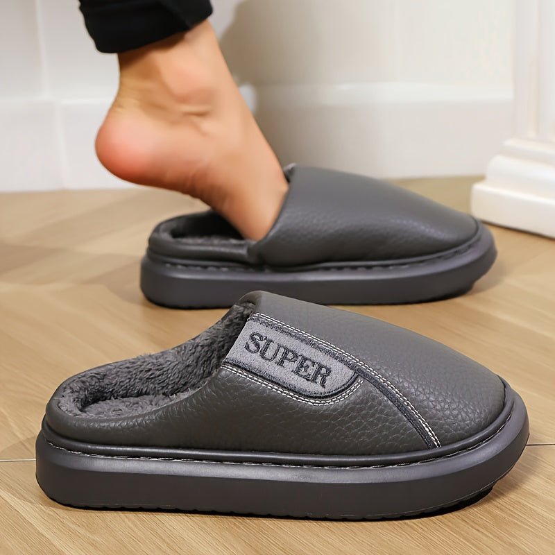 Men's Extra Large Winter Indoor Slippers with Fleece Lining Non-Slip TPR Sole Striped Pattern