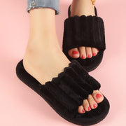 Zapatillas de felpa para mujer, zapatos planos abiertos de punta, interiores cálidos y cómodos para todas las estaciones