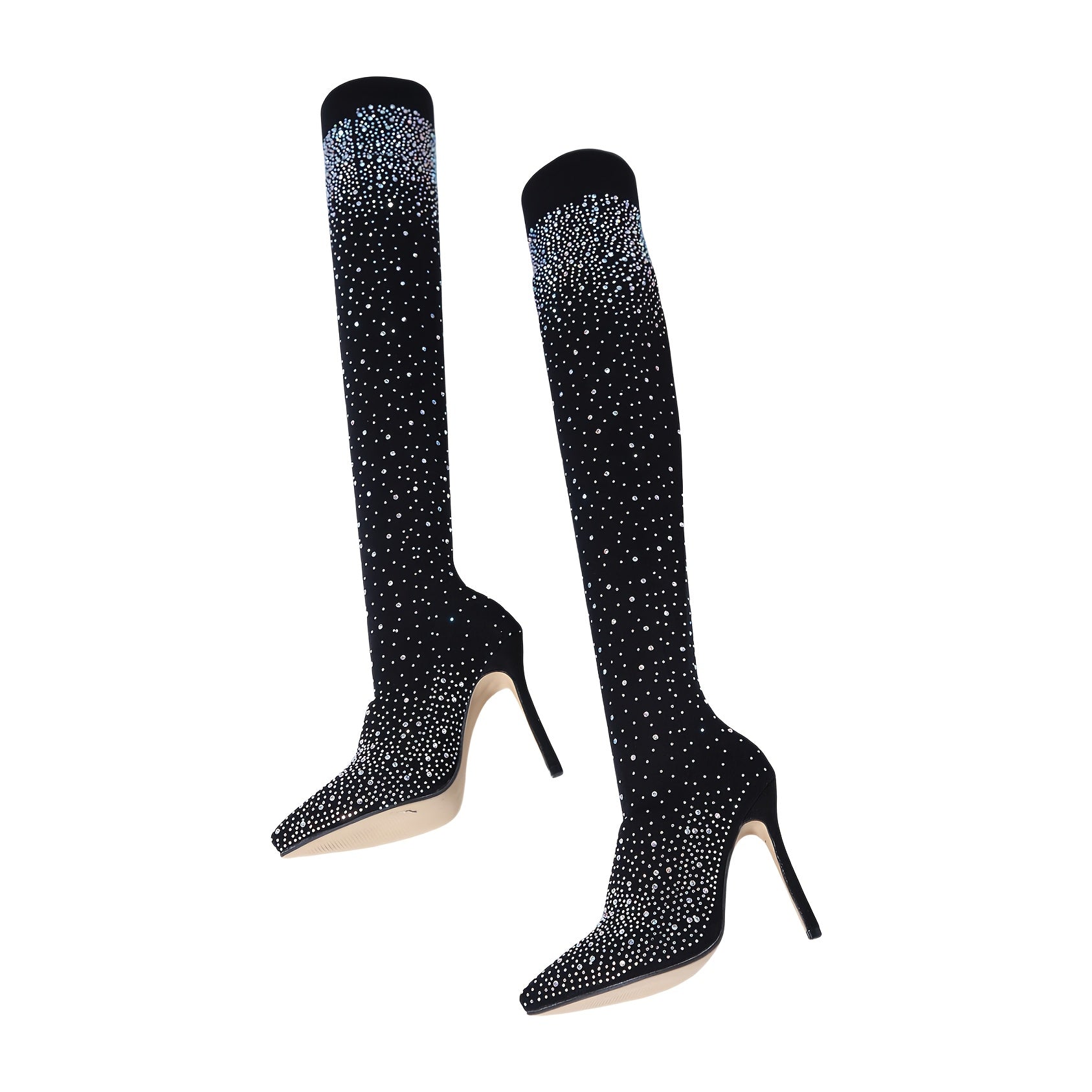 Women's Mesh Over-the-Knee Boots with Rhinestones Black Stiletto Heels