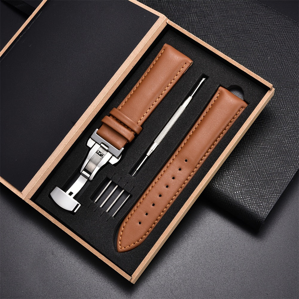 Men's Casual Watch Straps with Butterfly Clasp Soft PU Leather Bands 18mm 20mm 22mm 24mm Gift Box