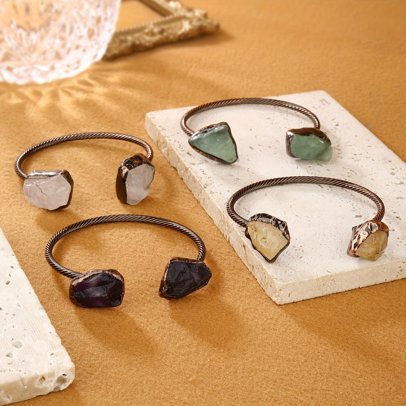 Vintage Bohemian Copper Bracelet with Amethyst Citrine and White Crystals for Women