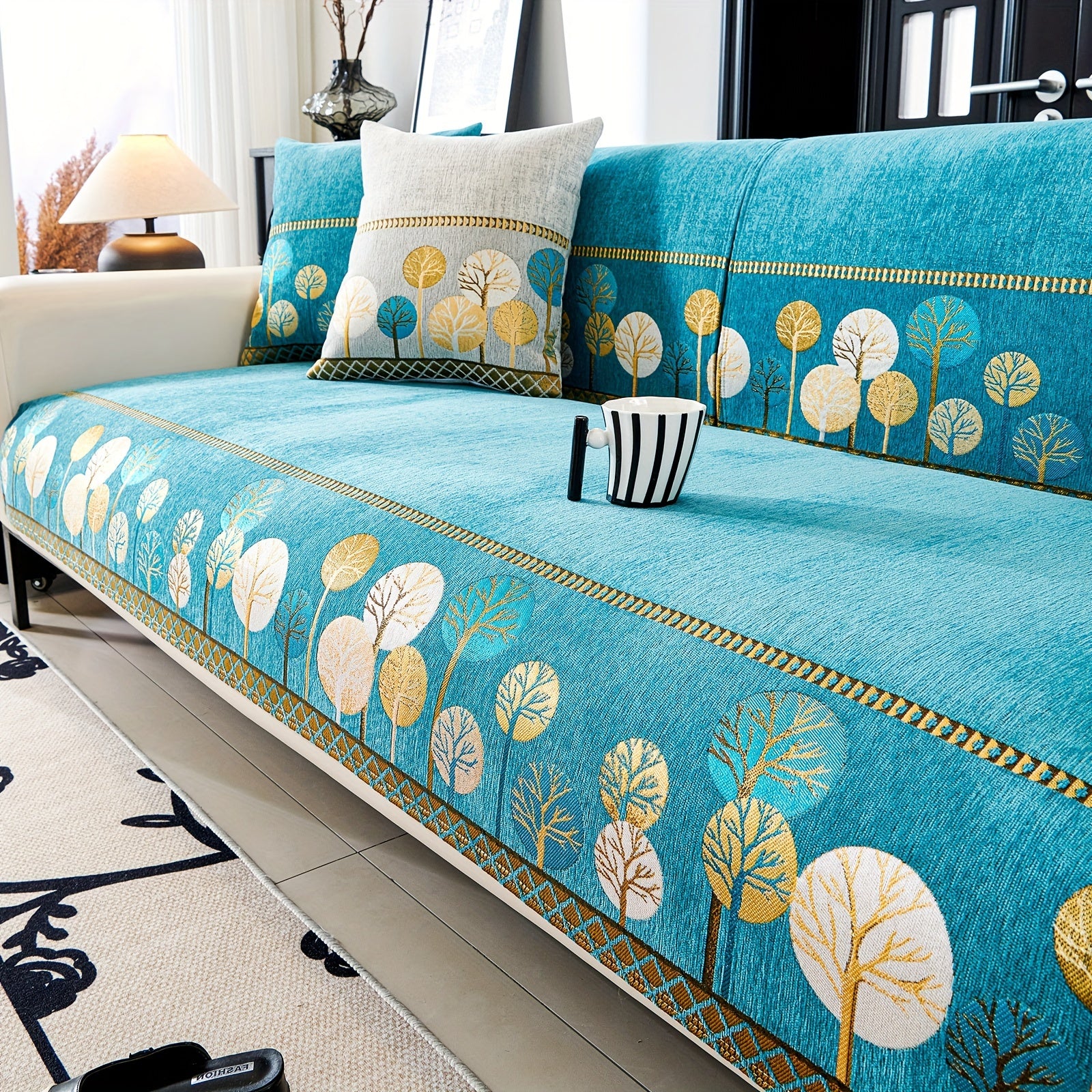 Chenille Sofa Cover with Tree Embroidery Pet-Friendly Slip-Resistant Easy to Clean Fits Various Sofa Sizes for Living Room and Home Decor