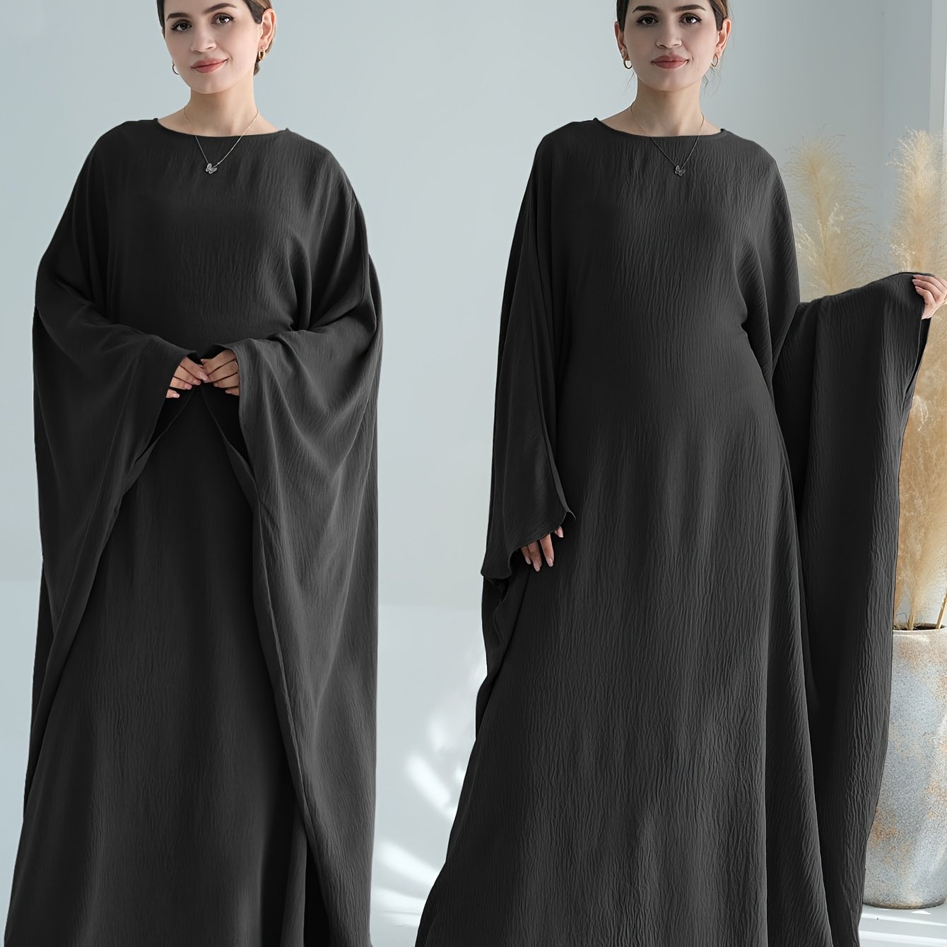 Plus Size Women Abaya Olive Green Polyester Batwing Ruffled Sleeve Dress