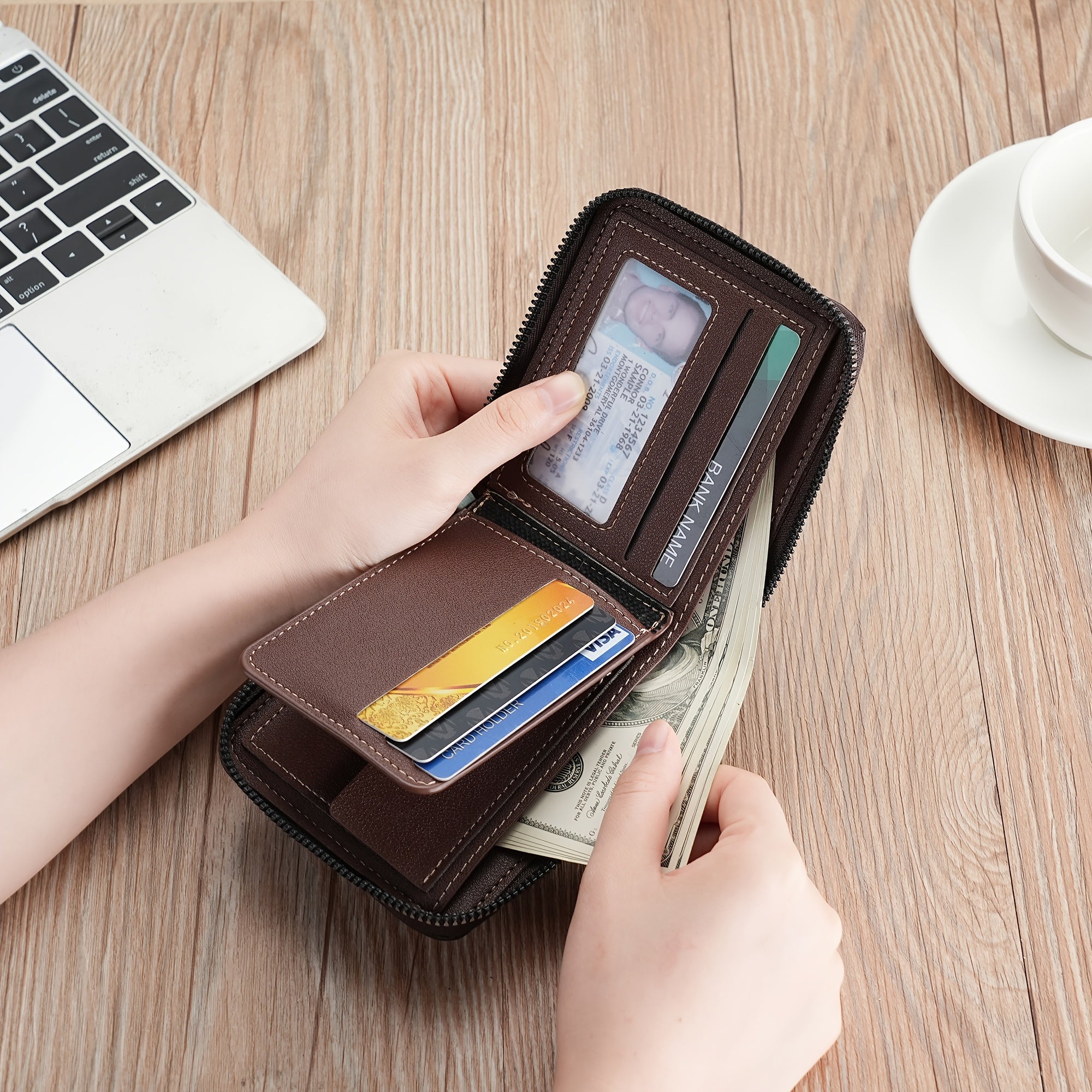 Men's Crocodile Pattern Leather Wallet with Zipper Closure and Large Capacity Brown Black