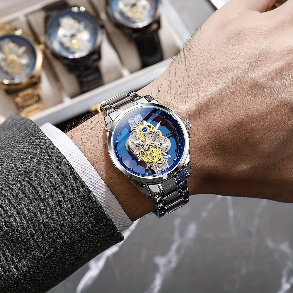 Men's Steel Band Watch with Luminous Openwork Sheer Bottom Quartz Watch Gift