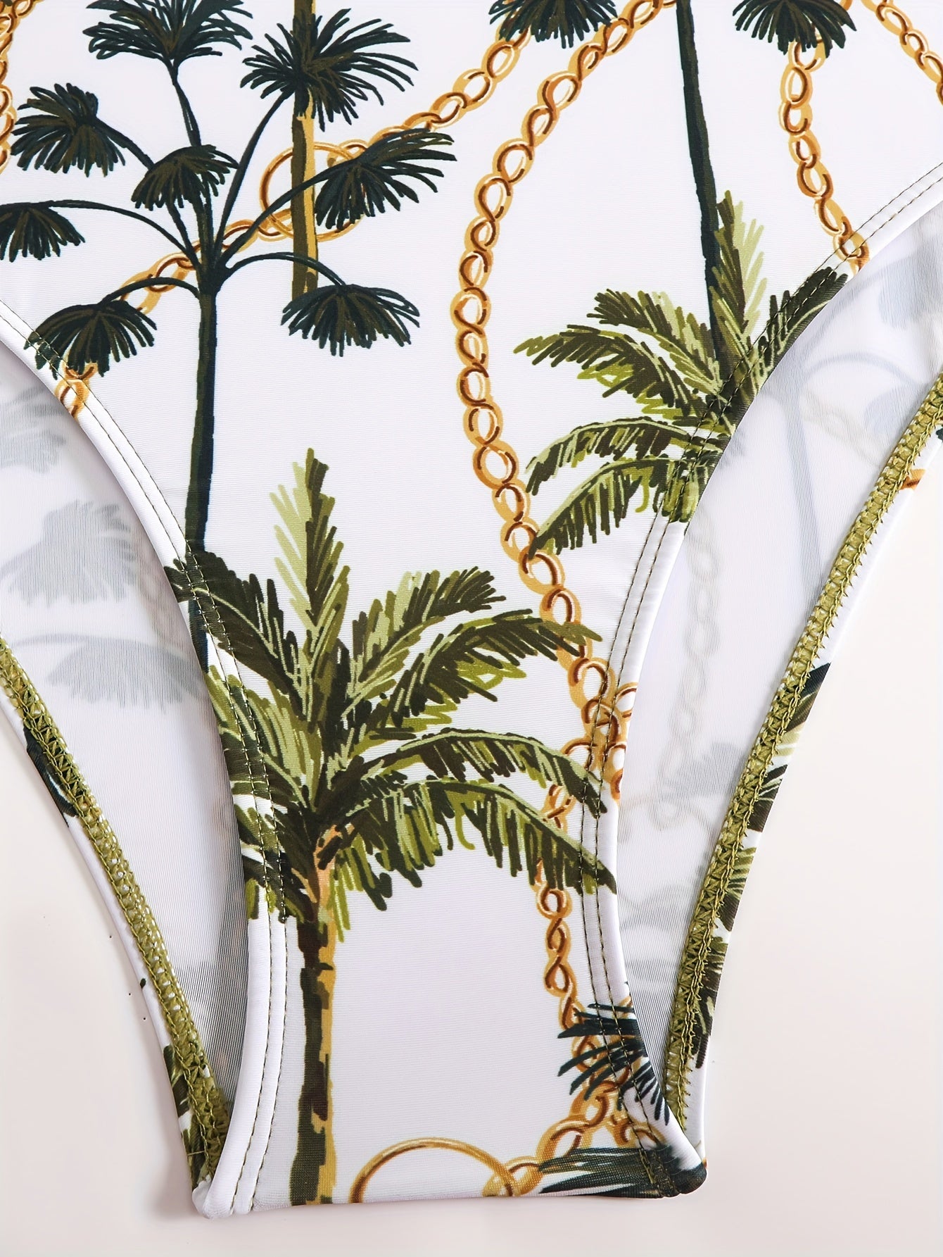 Tropical Palm Print Two-Piece Swimsuit Set with V-Neck Top and Sheer Sarong